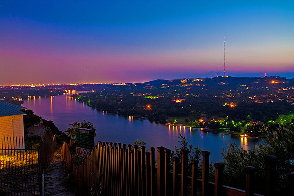 View at dusk of Lake Austin from Mount Bonnell, Austin, TX