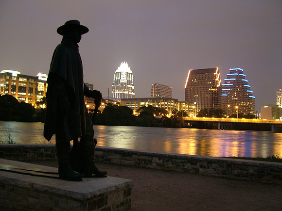 Steve Ray Vaughn statue and downtown Austin, TX